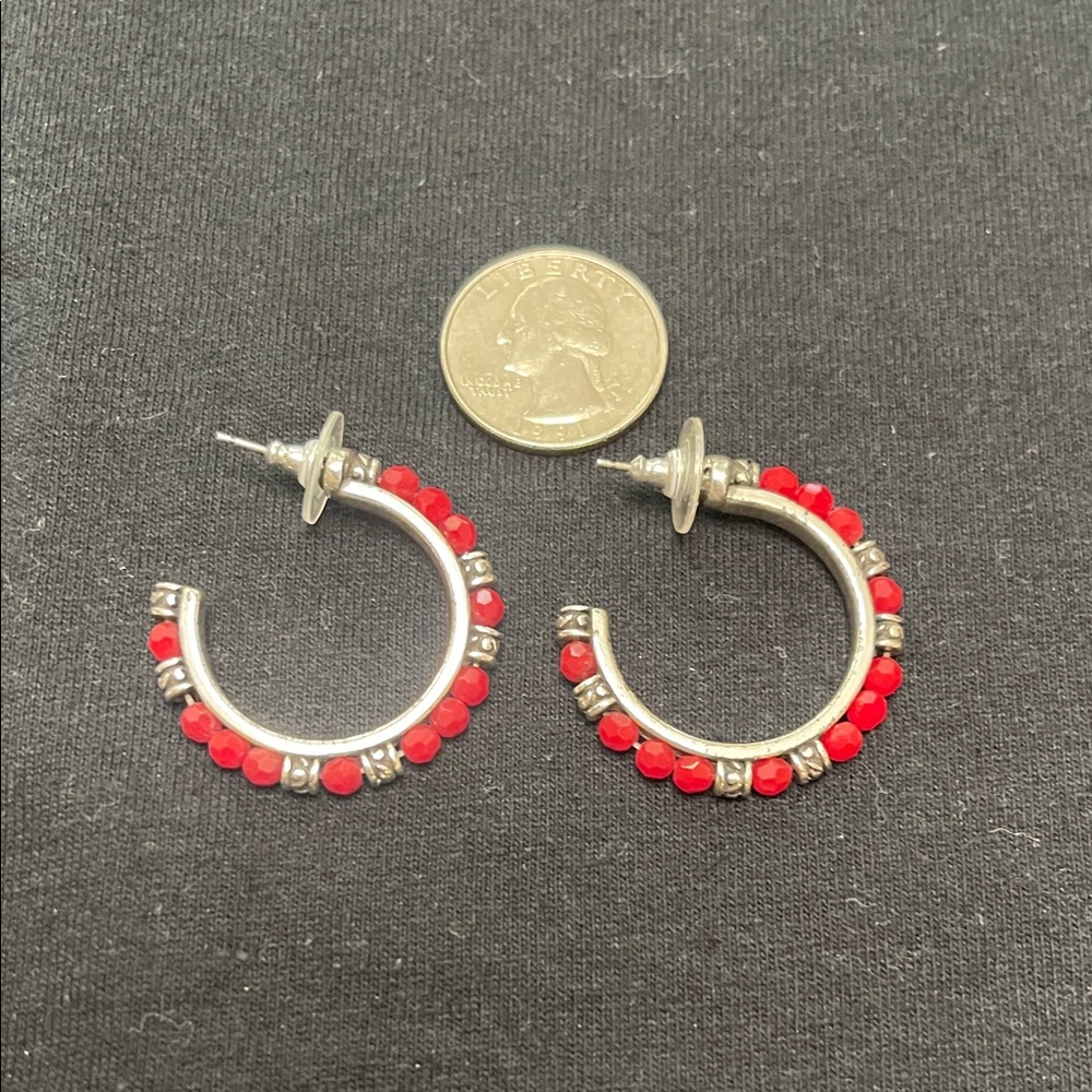 Brighton Silver Hoop Earrings with Red Accents